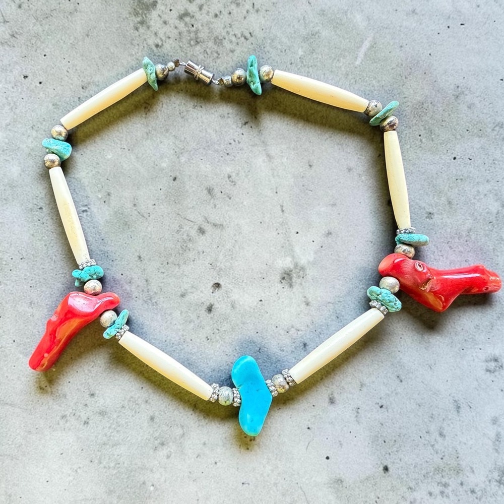 Southwestern Red Coral Turquoise Bone Hairpipe Bead Necklace 15" Barrel Clasp